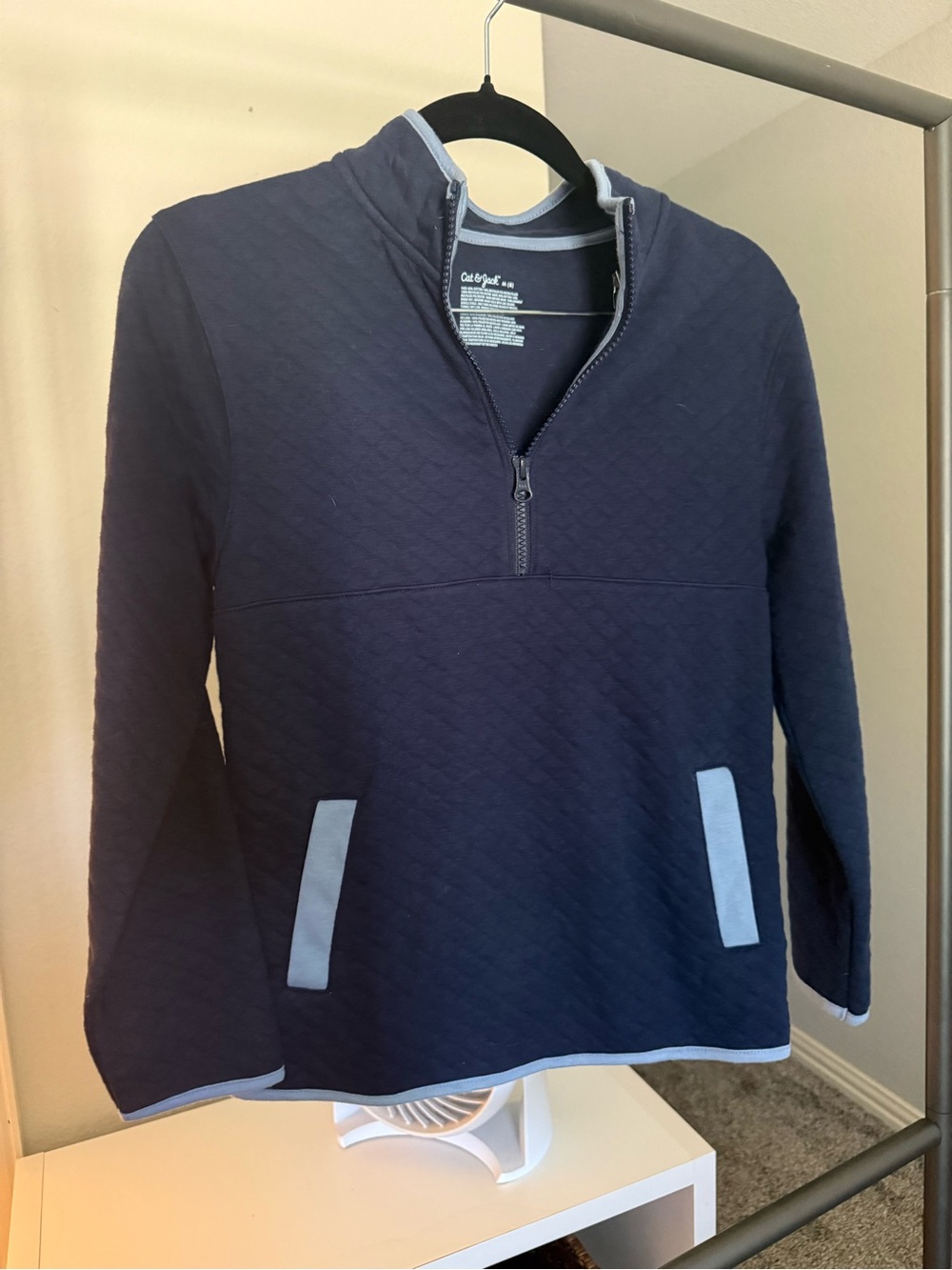 Boys Navy Quilted Half-Zip Sweater with Light Blue Trim
